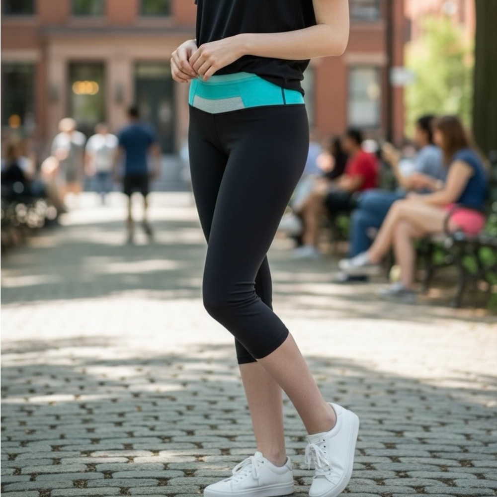 Lululemon Astro Crop Leggings - Black w/ Blue & Grey V-Waist - Size